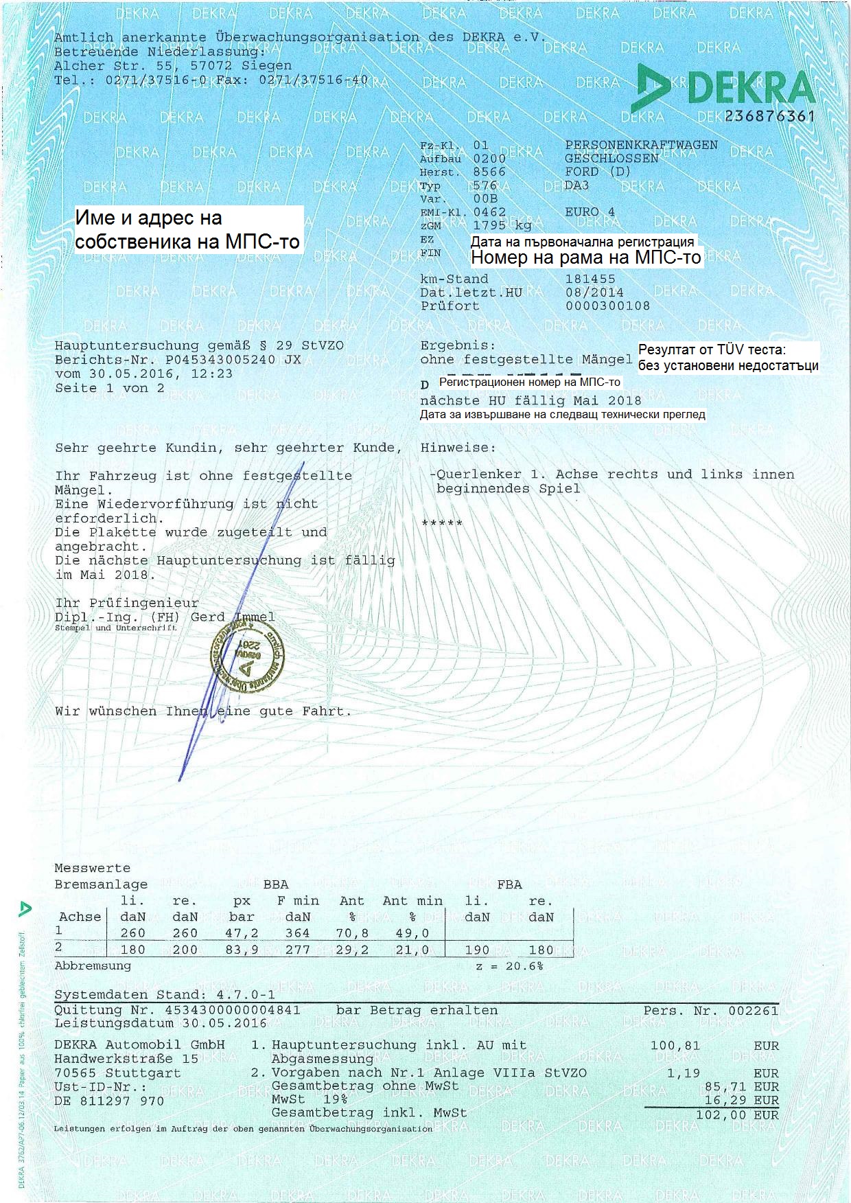 Document for successful completion of TÜV Dekra test (technical check)