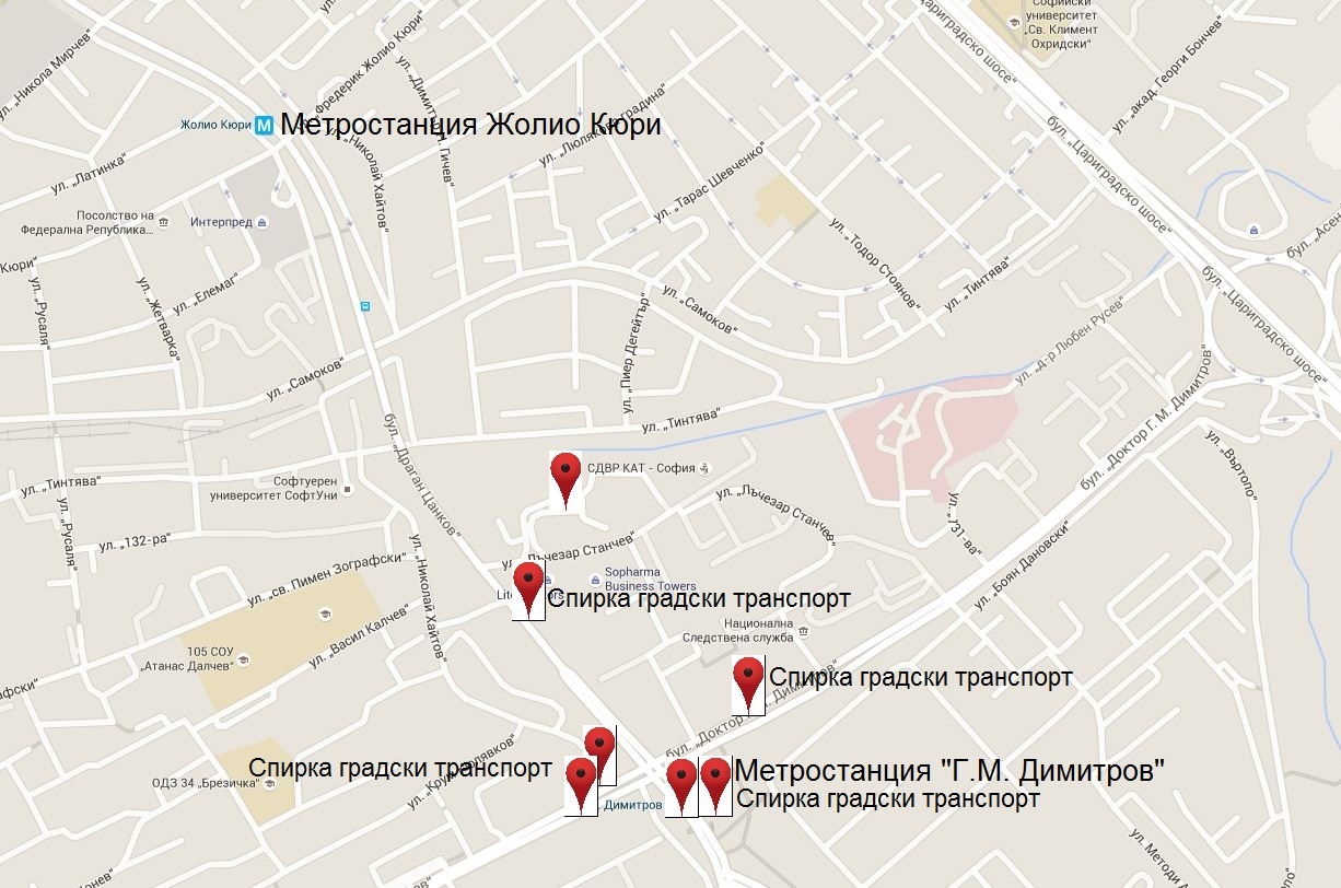 Местоположение на КАТ София и градски транспорт до там
